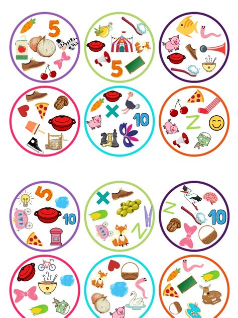 Ilustracija kartic igre Dobble z različnimi simboli