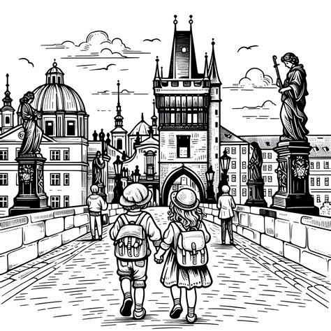 Ilustracija Karlovega mostu v Pragi v srednjem veku