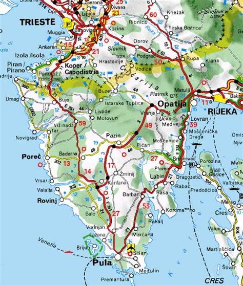 Karta Istre z označenimi Pulo, Porečem, Rovinjem, Koprom in Piranom