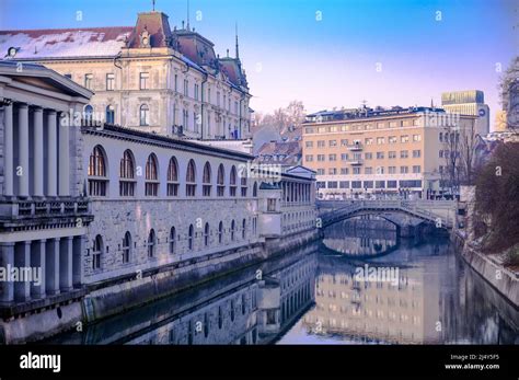 Ljubljana cityscape with river and bridges