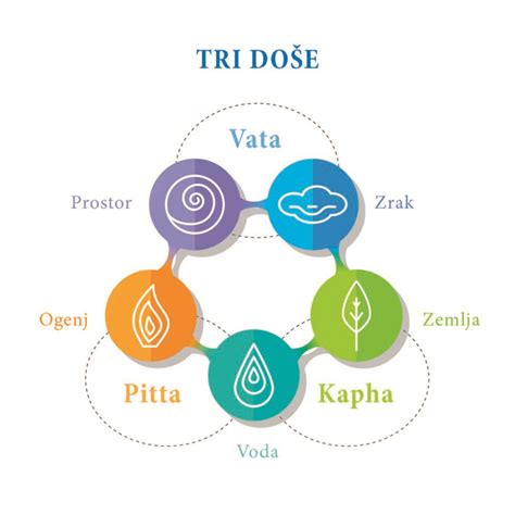 Diagram prikazuje tri doše: Vata, Pitta, Kapha