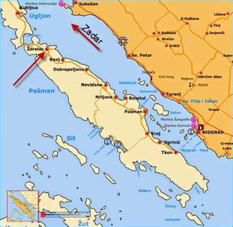 Zemljevid otoka Pašman s prikazanimi naselji