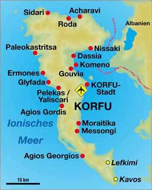 Zemljevid otoka Krf z označenimi letovišči