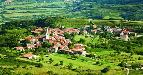 Slovenska vas s kmetijami in zelenimi travniki