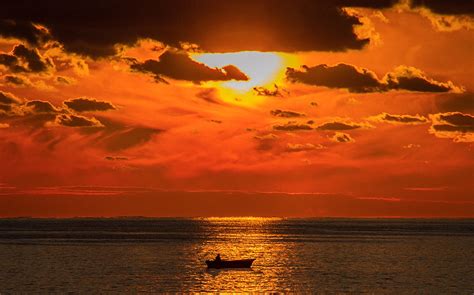 Sončni zahod nad morjem s palmo