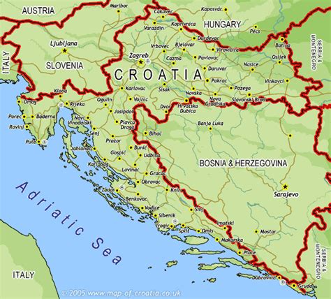 Mapa Hrvaške z označenimi obalnimi mesti