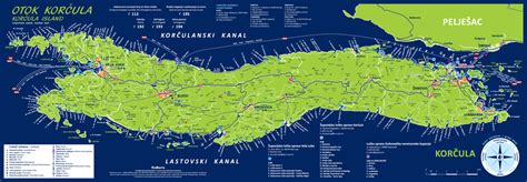 Pregledna karta otoka Korčula z označenimi Velo Luko in Tri Luke