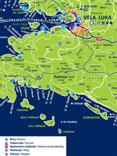 Zemljevid otoka Korčula z označenimi Velo Luko in drugimi kraji