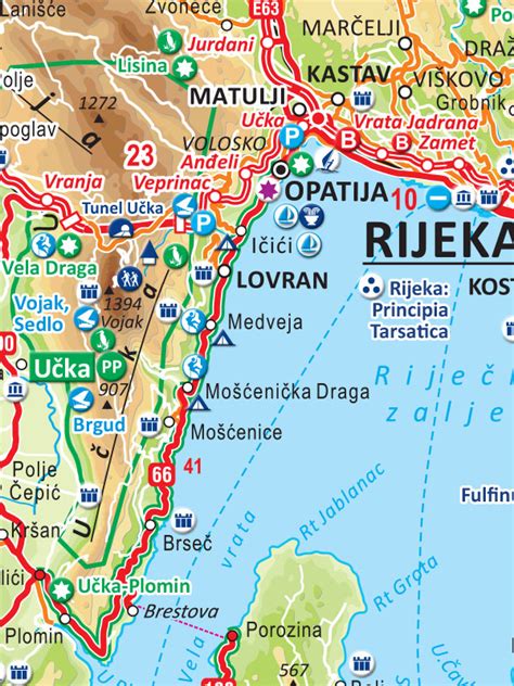 Karta slovenske Istre z označenimi mesti Piran, Izola in Strunjan