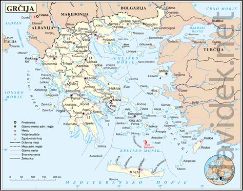 Zemljevid Jonskega morja s poudarjenimi otoki