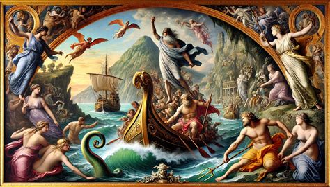 Ilustracija Odiseja, ki ga zadržuje nimfa Kalipso v jami