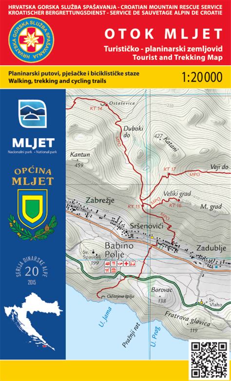 Karta otoka Mljet z označenimi glavnimi znamenitostmi, vključno z Odisejevo špiljo