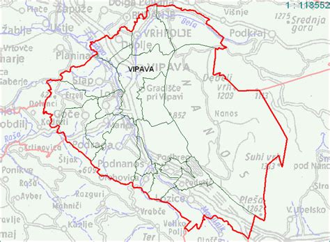 Zemljevid Vipavske doline z označenimi vasmi Lože in Vipava