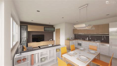 Notranjost brunarice z dnevno sobo in kuhinjo