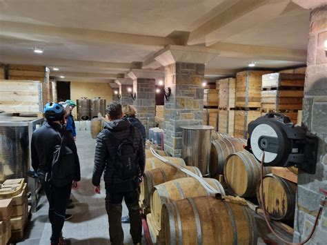 Notranjost vinske kleti z degustacijsko mizo in vinskimi sodi