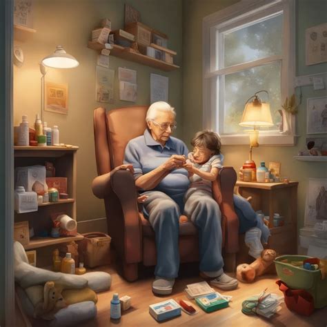 Ilustracija družine, ki obiskuje starejšo osebo v domu.