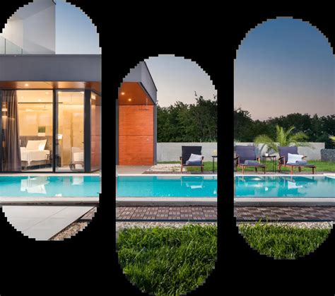 Ilustracija različnih tipov počitniških nepremičnin, kot so apartmaji, hiše in vile.