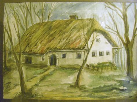 Slika kmečke hiše z rdečo streho, obdana z zelenjem