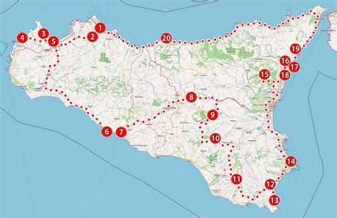 Panoramski zemljevid glavnih in dodatnih znamenitosti na Siciliji
