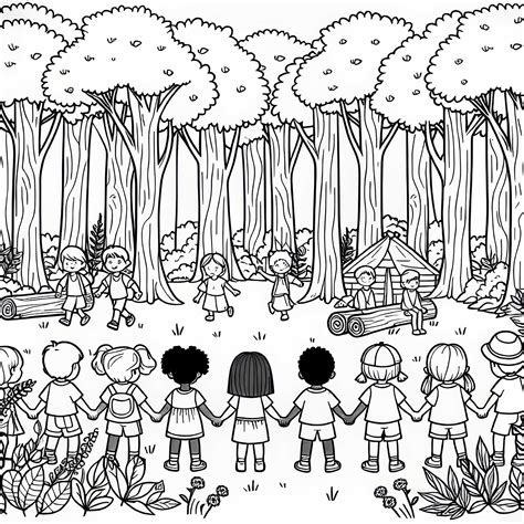 Ilustracija otrok, ki raziskujejo potok v gozdu