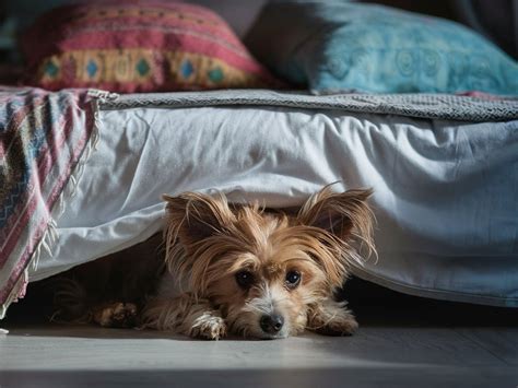 Pes, ki se skriva pod odejo med pokanjem ognjemeta