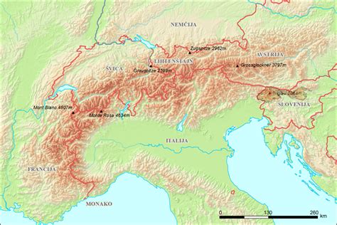 Zemljevid slovenskih Alp z označenimi vrhovi