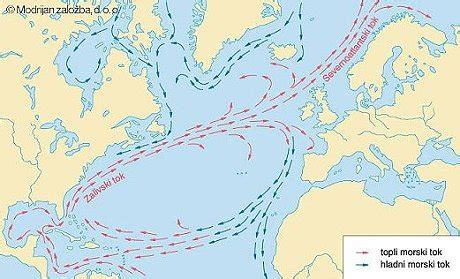 Zemljevid tokov v Atlantskem oceanu, ki prikazuje Severnoatlantski tok
