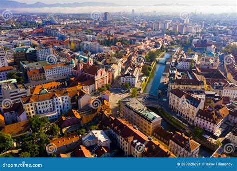 Ljubljana city center aerial view