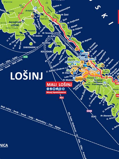 Zemljevid Malega Lošinja z označenimi znamenitostmi in plažami