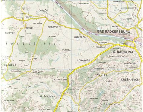 Zemljevid Gornje Radgone z označenimi glavnimi cestami, krožiščem in mostom čez reko Muro