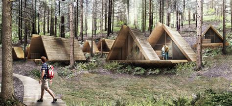 Panoramski pogled na glamping naselje v gozdu